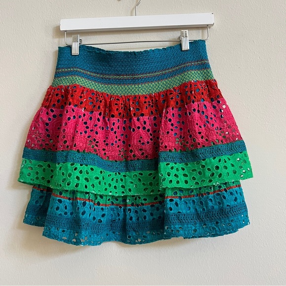 Alice + Olivia Bethie Smocked Tiered Mini Skirt size 14 - Picture 5 of 6